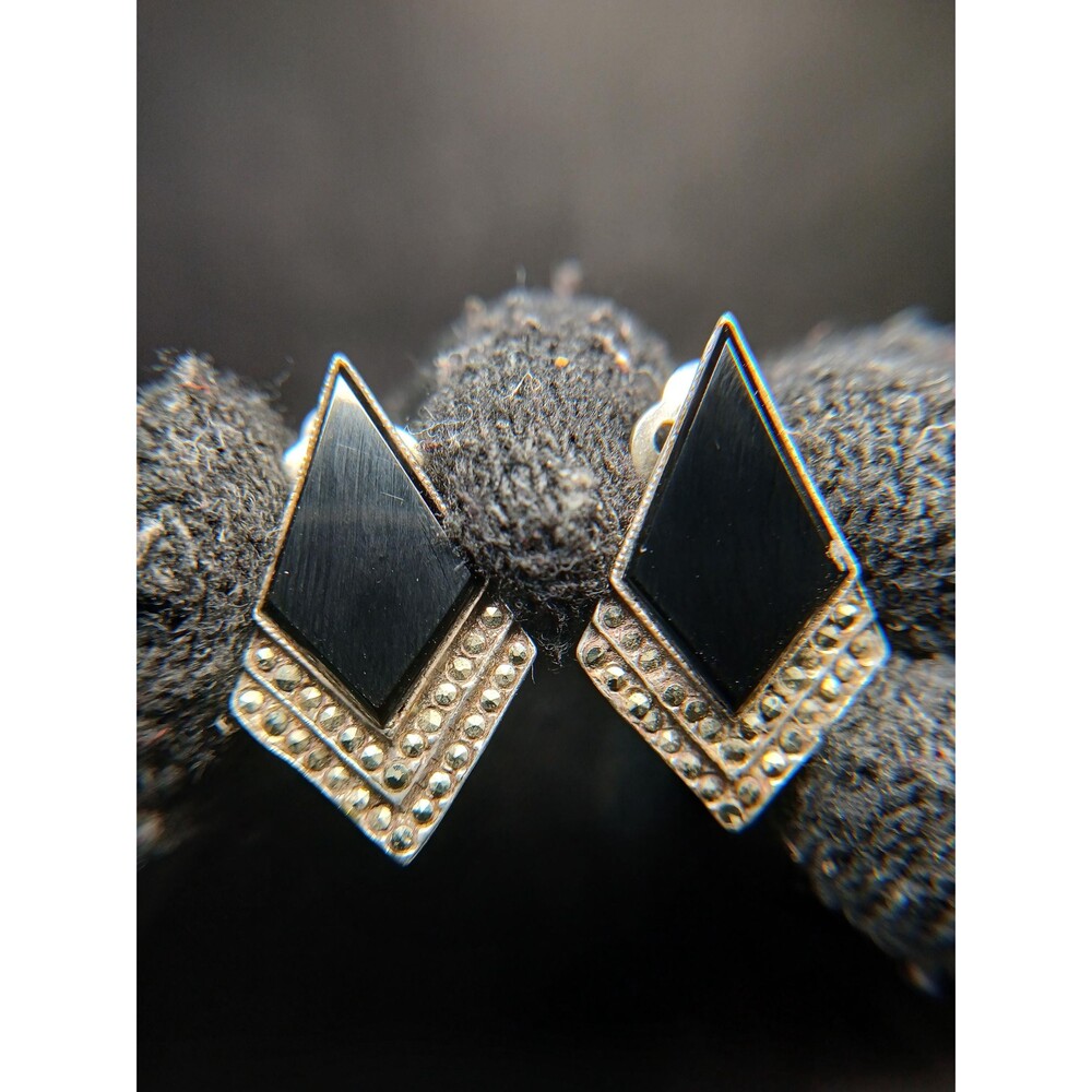 Sterling Silver 925 Art Deco Marcasite Onyx Kite Clip On Earrings